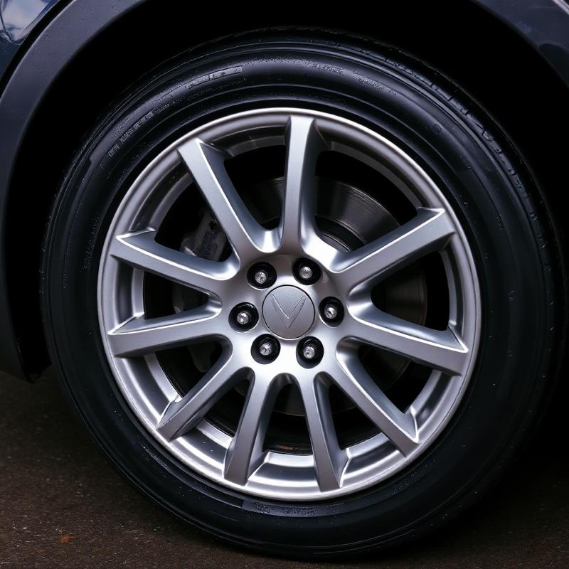 Polished alloy wheel and dressed tire after wheel detailing
