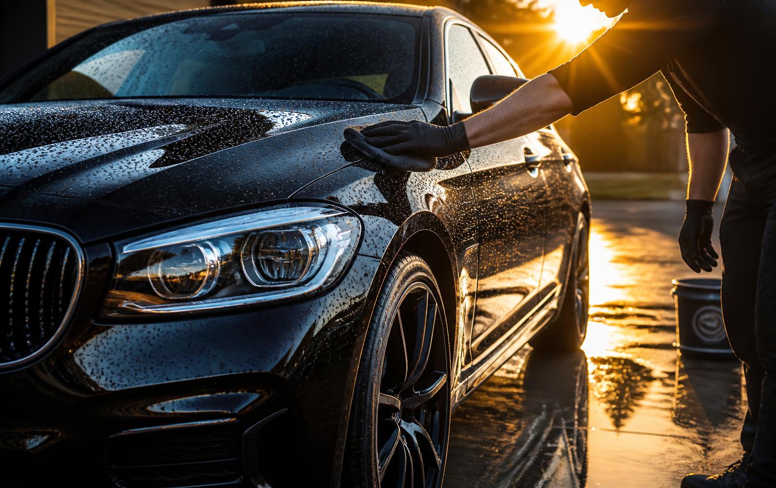 Detailer polishing a glossy black luxury car at sunset